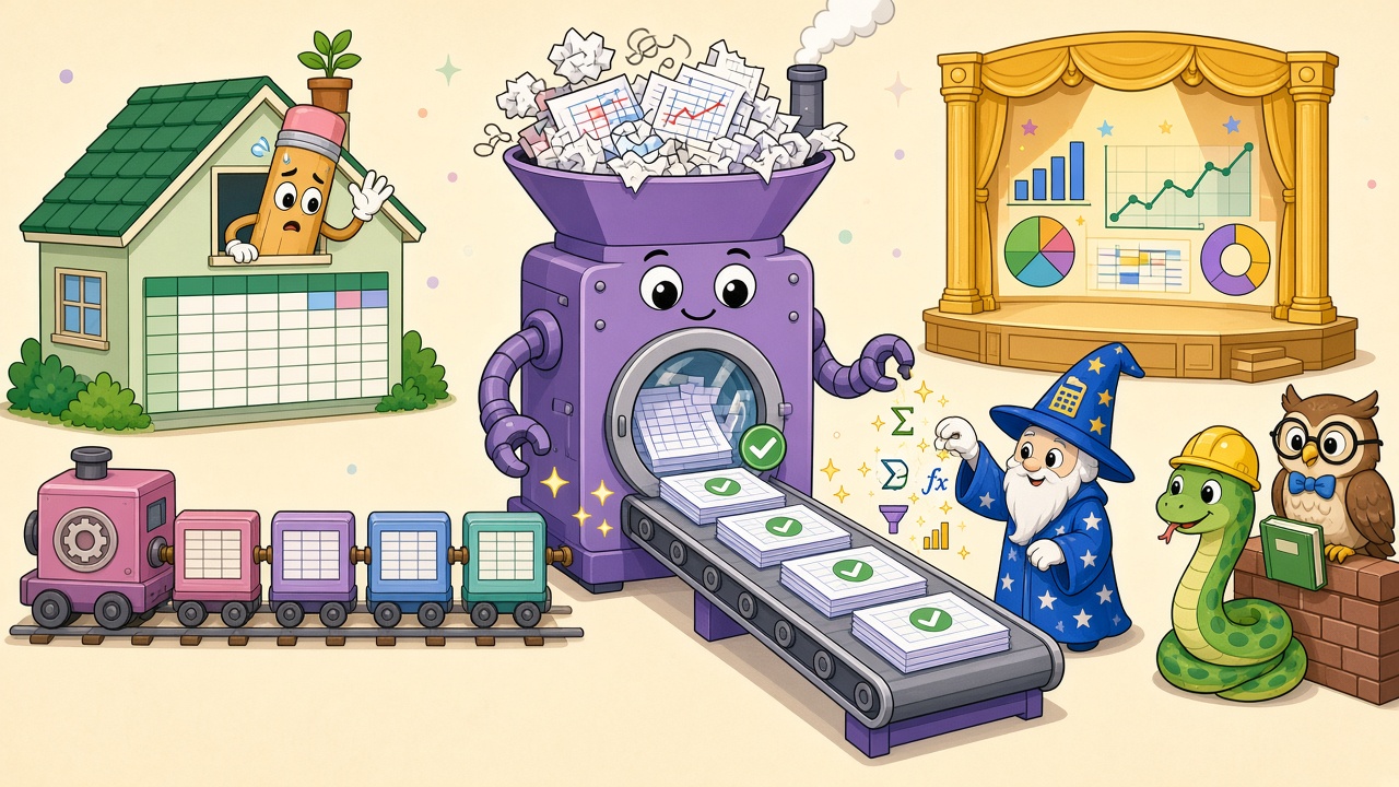 Cartoon: a purple washing-machine robot eats messy CSV files and sends clean tables to an Excel house on the left and a Power BI stage on the right, while a snake and an owl wait at a wall as backups.